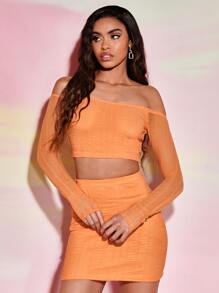 SHEIN BAE Off Shoulder Crop Top & Bodycon Skirt - Orange - View 4