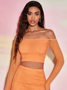 SHEIN BAE Off Shoulder Crop Top & Bodycon Skirt - Orange - View 5