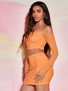 SHEIN BAE Off Shoulder Crop Top & Bodycon Skirt - Orange - View 6