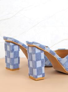 仿麂皮格紋圖案粗跟穆勒涼鞋 - 藍色 - 查看 2