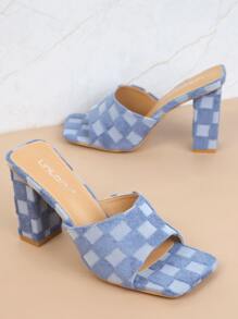 仿麂皮格紋圖案粗跟穆勒涼鞋 - 藍色 - 查看 3