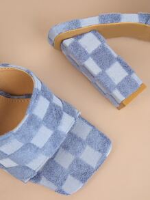 仿麂皮格紋圖案粗跟穆勒涼鞋 - 藍色 - 查看 4