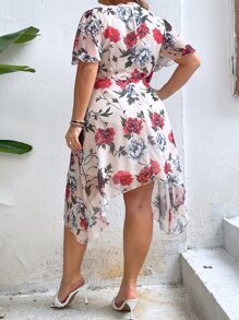 SHEIN LUNE Plus Floral Print Butterfly Sleeve Asymmetrical Hem Dress - Multicolor - View 3