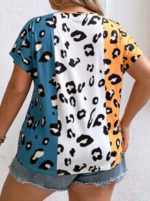 SHEIN LUNE Plus Leopard Print Colorblock Batwing Sleeve Tee - Multicolor - View 4