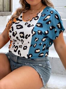 SHEIN LUNE Plus Leopard Print Colorblock Batwing Sleeve Tee - Multicolor - View 5