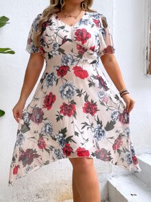 SHEIN LUNE Plus Floral Print Butterfly Sleeve Asymmetrical Hem Dress - Multicolor - View 6