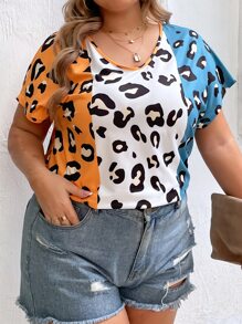 SHEIN LUNE Plus Leopard Print Colorblock Batwing Sleeve Tee - Multicolor - View 7