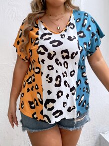 SHEIN LUNE Plus Leopard Print Colorblock Batwing Sleeve Tee - Multicolor - View 2