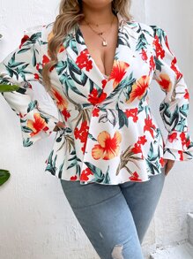 SHEIN LUNE 大碼印花荷葉袖荷葉邊下擺西裝外套 - 彩色 - 查看 3