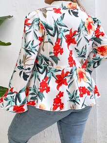 SHEIN LUNE 大碼印花荷葉袖荷葉邊下擺西裝外套 - 彩色 - 查看 4