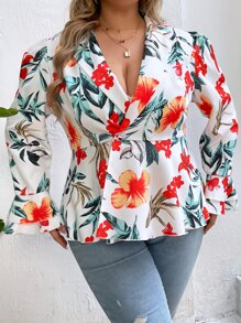 SHEIN LUNE 大碼印花荷葉袖荷葉邊下擺西裝外套 - 彩色 - 查看 5