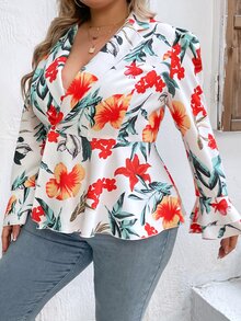 SHEIN LUNE 大碼印花荷葉袖荷葉邊下擺西裝外套 - 彩色 - 查看 7