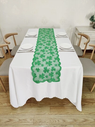 1 件绿色蕾丝四叶草桌旗，圣帕特里克节及日常家居装饰