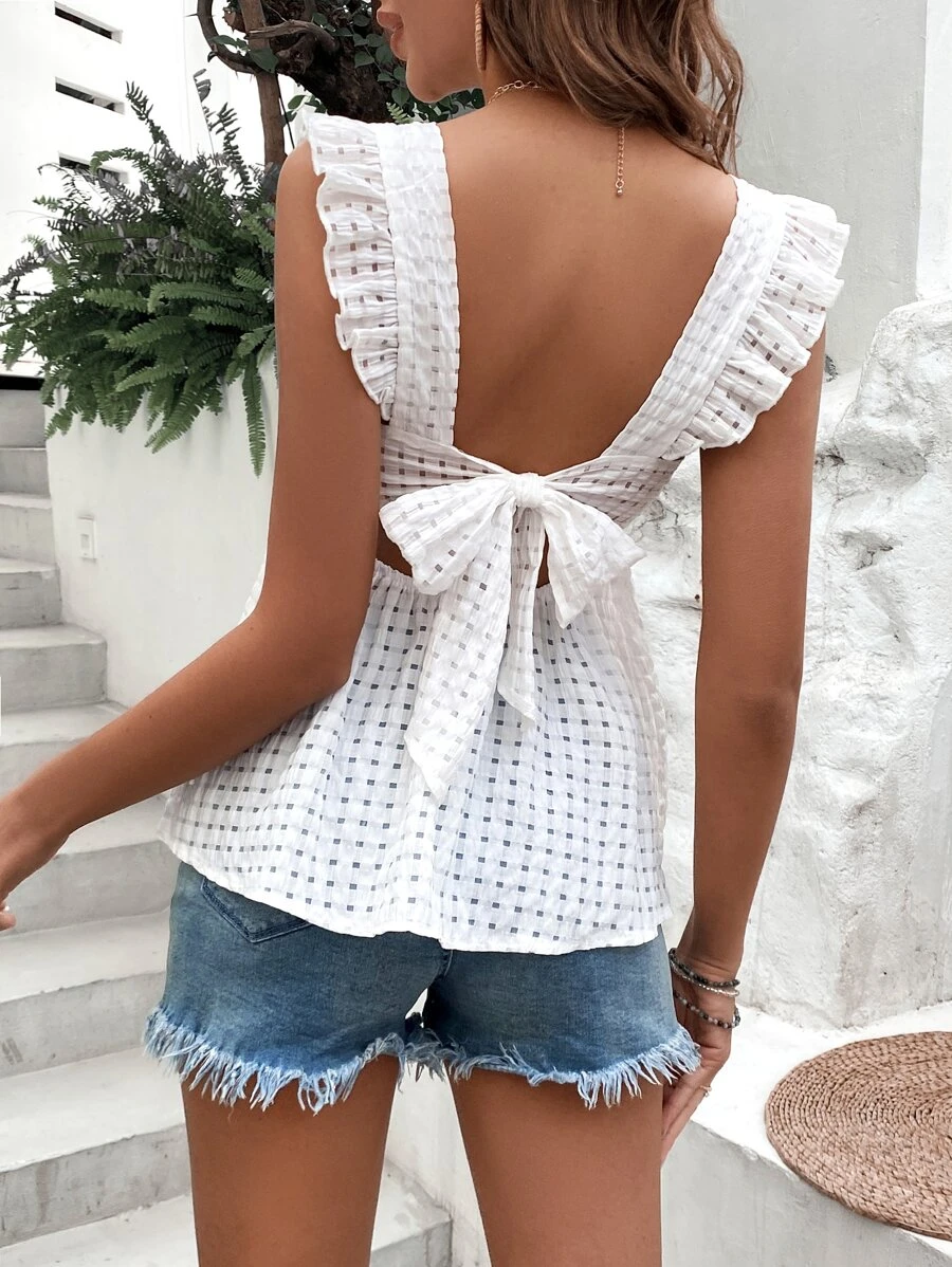 Breezaya 後背繫帶荷葉邊荷葉邊下擺襯衫 - 白色 - 查看 1