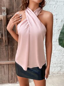 SHEIN Unity Solid Criss Cross Halter Neck Blouse - Dusty Pink - View 6
