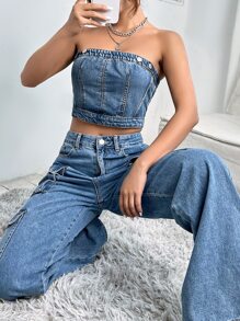 SHEIN ICON Zip Back Tube Denim Top - Medium Wash - View 1