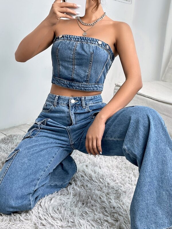SHEIN ICON 後拉鏈抹胸牛仔上衣