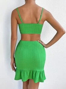 SHEIN Essnce Top de tirantes con lazo delantero & Falda fruncido bajo con fruncido - Verde - Ver 2