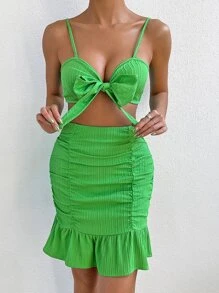 SHEIN Essnce Top de tirantes con lazo delantero & Falda fruncido bajo con fruncido - Verde - Ver 6