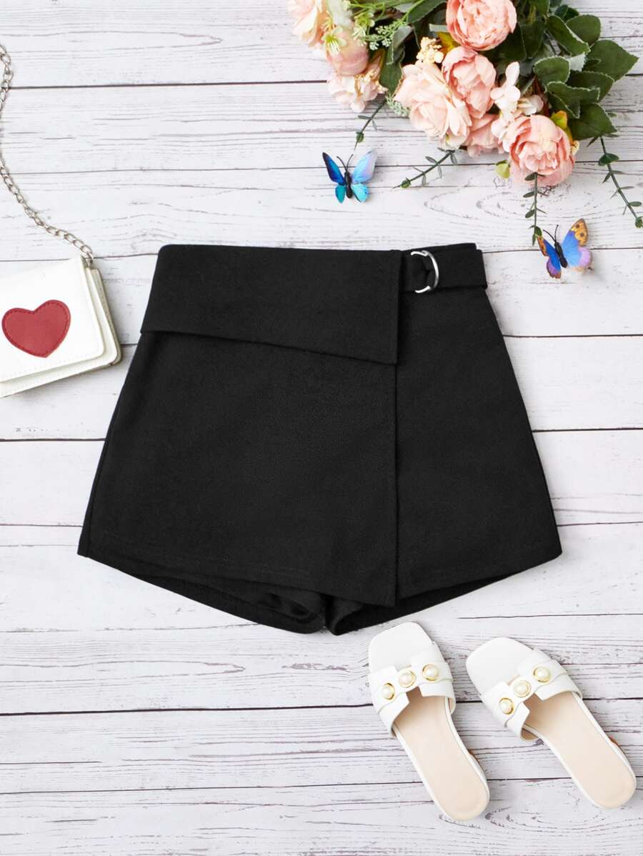 SHEIN 女孩素色圍裹下擺裙裤 - 黑色 - 查看 1