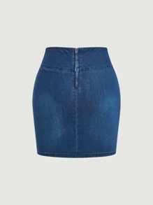 SHEIN MOD Lace Up Front Bodycon Denim Skirt - Dark Wash - View 2