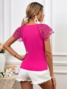 SHEIN Privé Contrast Mesh Butterfly Sleeve Scoop Neck Tee - Hot Pink - View 2