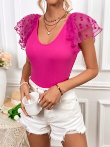 SHEIN Privé Contrast Mesh Butterfly Sleeve Scoop Neck Tee - Hot Pink - View 4
