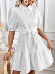 SHEIN VCAY 泡泡袖荷葉邊前打結襯衫連衣裙 - 白色 - 查看 3