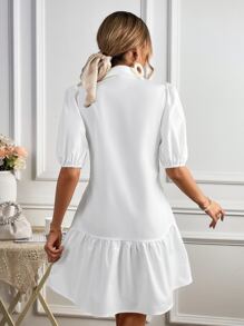 SHEIN VCAY 泡泡袖荷葉邊前打結襯衫連衣裙 - 白色 - 查看 2