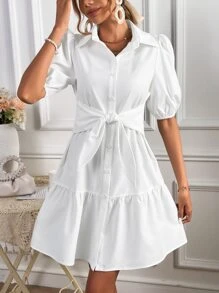 SHEIN VCAY 泡泡袖荷葉邊前打結襯衫連衣裙 - 白色 - 查看 5