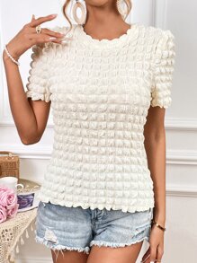 SHEIN Essnce Solid Lettuce Trim Puff Sleeve Tee - Beige - View 3