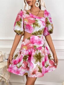 SHEIN VCAY Floral Print Cut Out Waist Puff Sleeve Ruffle Hem Dress - Multicolor - View 3