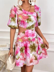 SHEIN VCAY Floral Print Cut Out Waist Puff Sleeve Ruffle Hem Dress - Multicolor - View 5