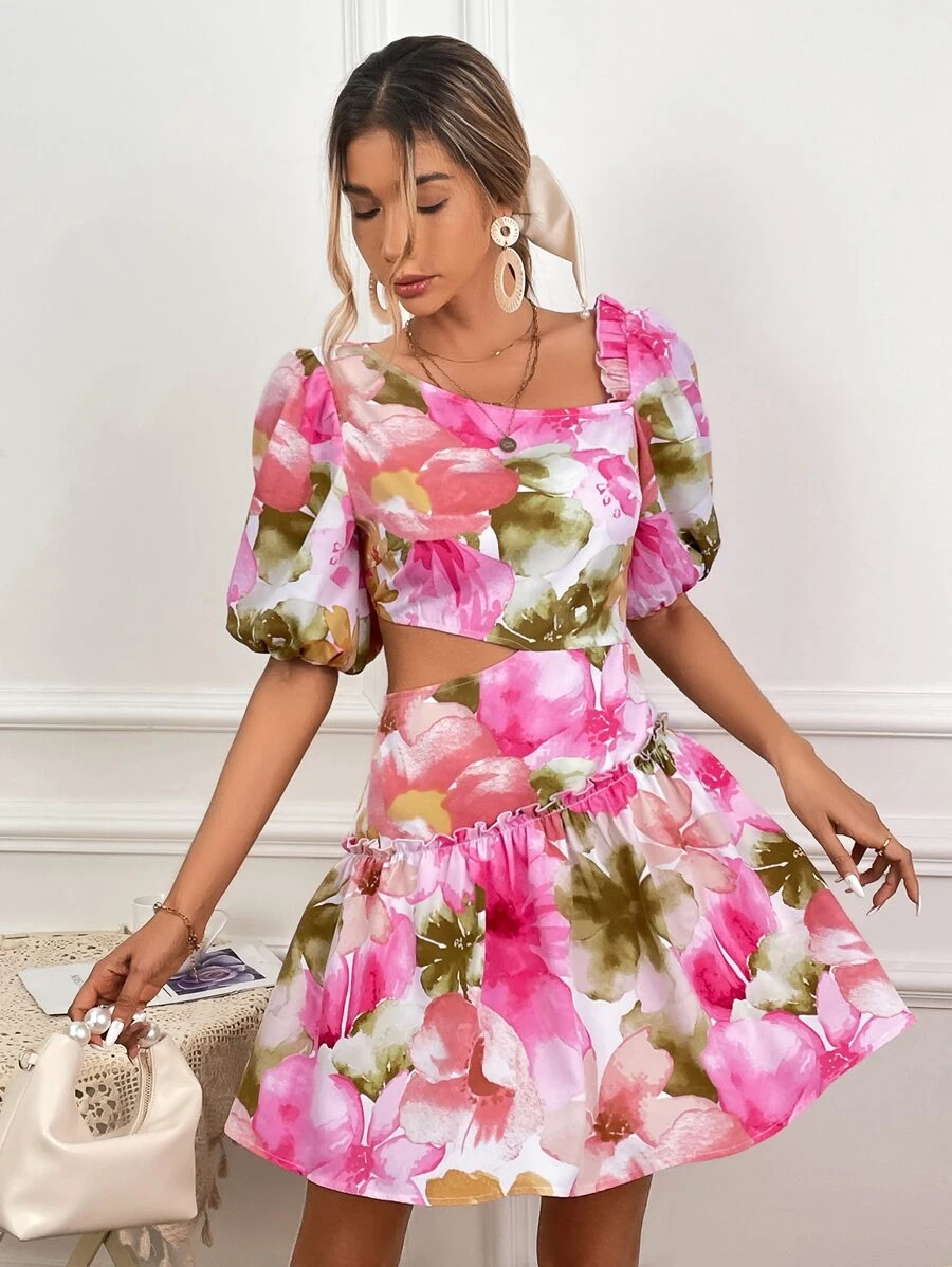 SHEIN VCAY Floral Print Cut Out Waist Puff Sleeve Ruffle Hem Dress - Multicolor - View 1