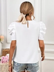 SHEIN VCAY Blusa con encaje de manga farol - Blanco - Ver 2
