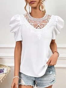 SHEIN VCAY Blusa con encaje de manga farol - Blanco - Ver 3
