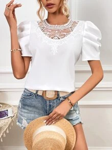 SHEIN VCAY Blusa con encaje de manga farol - Blanco - Ver 4
