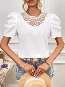 SHEIN VCAY Blusa con encaje de manga farol - Blanco - Ver 5