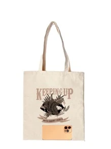 Men Animal & Letter Graphic Shopper Bag Beach Bag Shopping Bag Reusable Bag Duffle Bag for Travel and Work - Beige - View 5