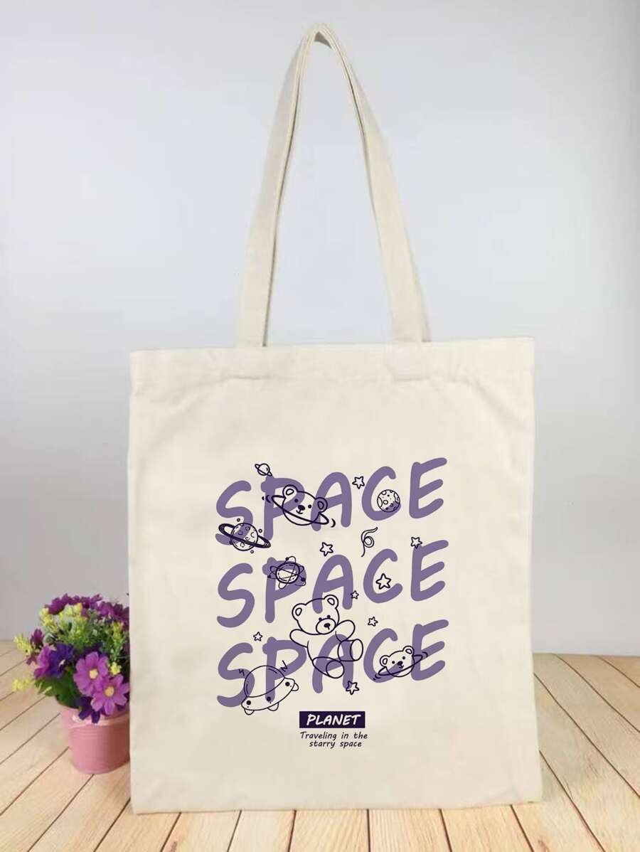 Men Letter Graphic Shopper Bag Beach Bag Shopping Bag Reusable Bag Duffle Bag for Travel and Work - Beige - View 1