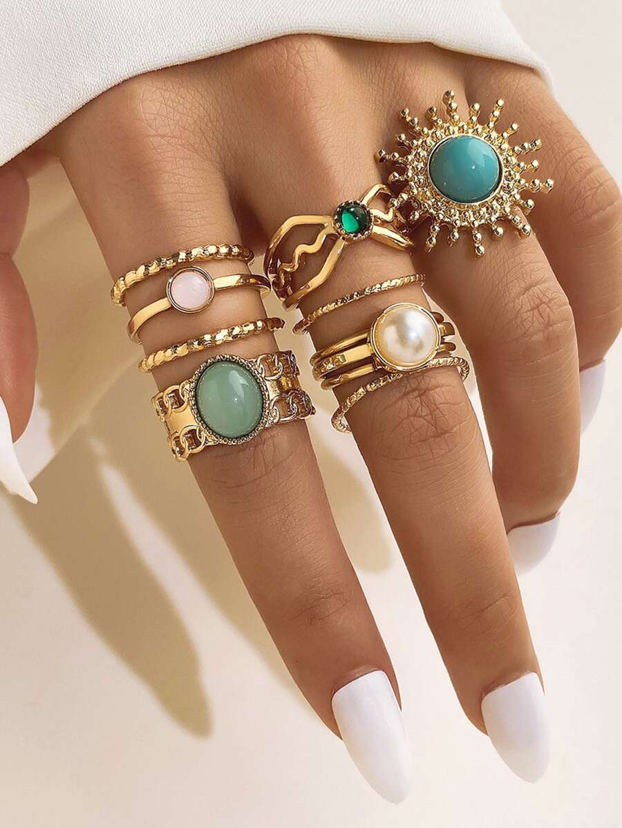 11pcs Gemstone & Faux Pearl Decor Ring - Yellow Gold - View 1