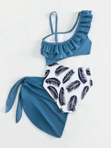 Girls Feather Print Ruffle Trim One Piece Swimsuit With Beach Skirt - Blue and White - View 2