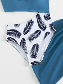 Girls Feather Print Ruffle Trim One Piece Swimsuit With Beach Skirt - Blue and White - View 4