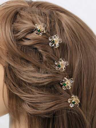 5入組水鑽花朵裝飾髮爪