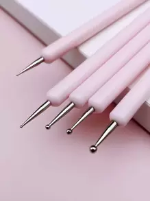 Nail Art Liner Brushes Set,5pcs Double-Ended Nail Point Drill Pen, UV Gel Painting Nail Design Brush Pen, Nail Dotting Pen Brush Kit Nail Art Tool, Dual-Ended Nail Art Liner Brushes,For Home Use And Professional Nail Salon - Pink - View 3
