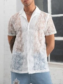 Manfinity Hombres Camisa floral con textura con botón delantero - Blanco - Ver 1