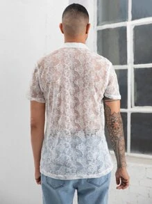 Manfinity Hombres Camisa floral con textura con botón delantero - Blanco - Ver 2