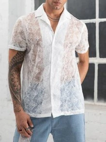 Manfinity Hombres Camisa floral con textura con botón delantero - Blanco - Ver 3