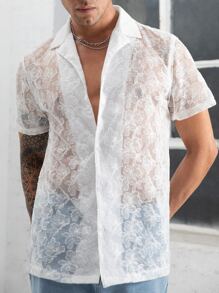 Manfinity Hombres Camisa floral con textura con botón delantero - Blanco - Ver 5