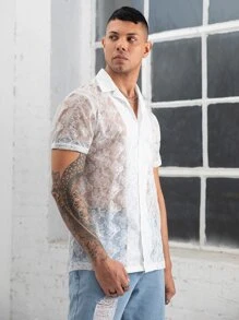 Manfinity Hombres Camisa floral con textura con botón delantero - Blanco - Ver 6